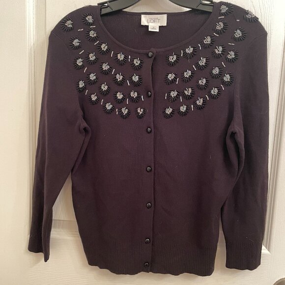 Ann Taylor Loft Black Rayon Blend Beaded Embellished Button Front Cardigan Sz S - Picture 1 of 4
